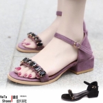 娜塔美鞋-NaTa涼鞋·韓版夏季寶石絨面粗跟涼鞋·黑/紫共2色